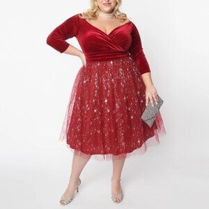Unique Vintage Marceline Velvet & Tulle Swing Dress. 1X 16. Burgundy Red.